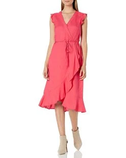 Karl Lagerfeld Paris Women's V-Neck Flutter Sleeve Linen High/Low Midi Dress Withself Tie Waist | Dresses