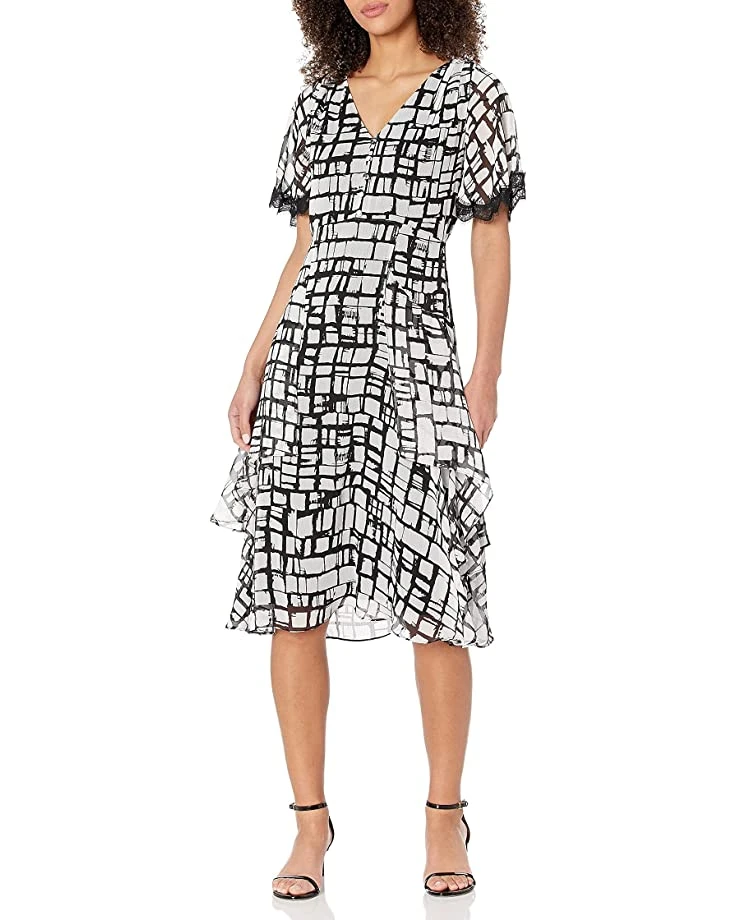 Karl Lagerfeld Paris Women's Grid Print Tiered Chiffon Mid | Dresses 3 Karl Lagerfeld Paris Women's Grid Print Tiered Chiffon Mid | Dresses